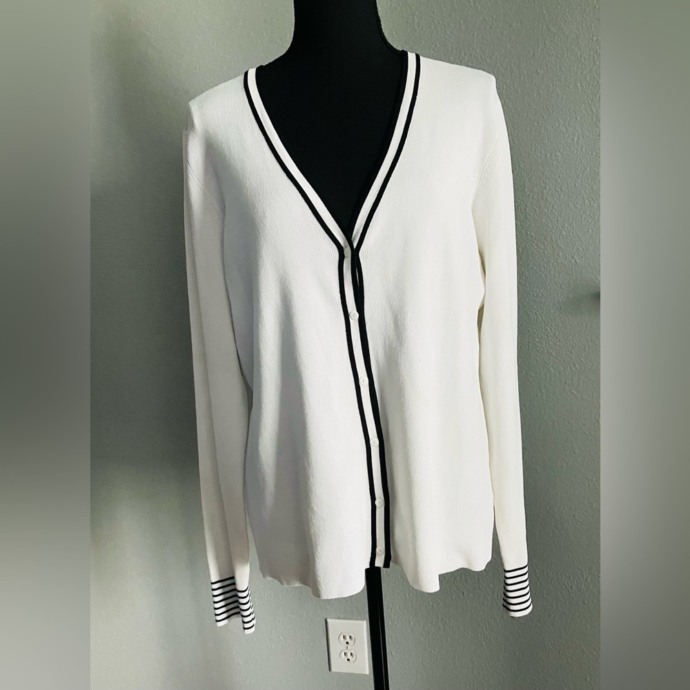 George stretch white with black stripes details long sleeve cardigan